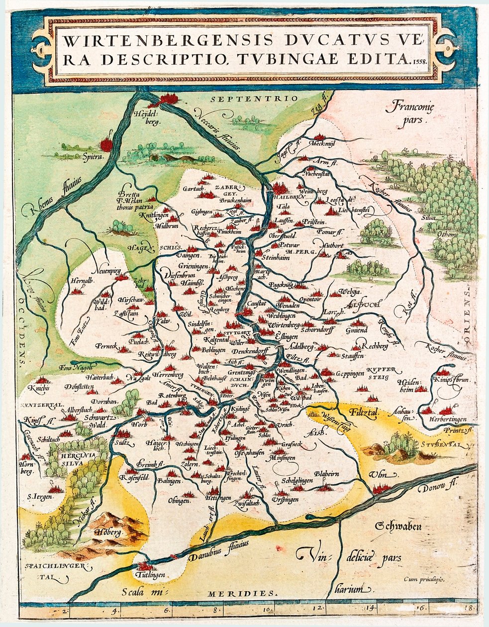 A Wirtenberg Ducatus (Tubingae) igaz leírása, 1558-ban megjelent Németország Baden-Württemberg (Baden Wuerttemberg) területének földrajzi térképe, amelyet Abraham Ortelius (Oertel, Ortell vagy Ortel) a "Theatrum Orbis Terrarum"-ból vett. alkotó: Abraham Ortelius