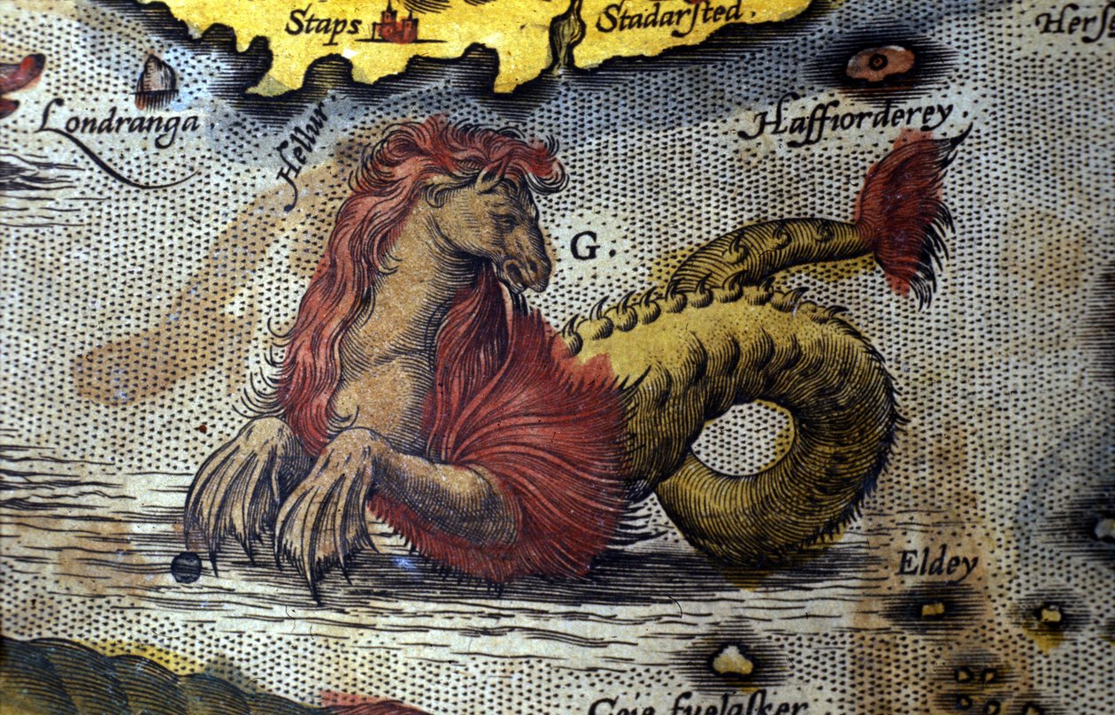 egy tengeri szörnyeteg ábrázolása lovam, tengeri kígyóm. Tányér Abraham Ortelius (1527-1598) térképész "Theatrum Orbis Terrarum" kiadásából alkotó: Abraham Ortelius