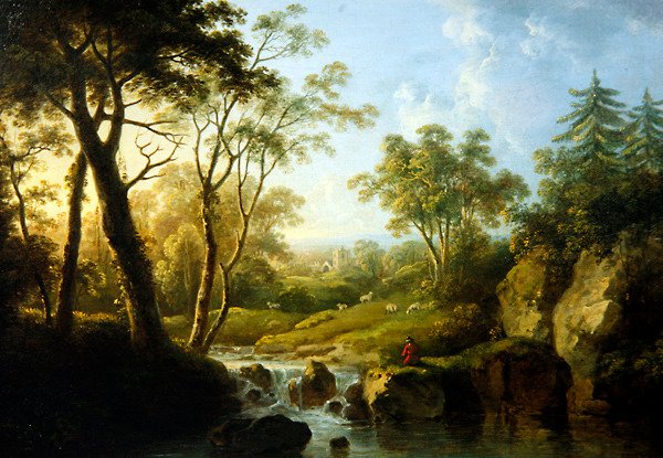 Erdős táj vízeséssel (olaj, vászon) alkotó: Abraham Pether