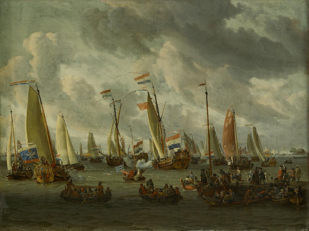 A moszkvai követség tiszteletére rendezett ál-tengeri csata az IJ-en (1697. szeptember 1.) alkotó: Abraham Storck