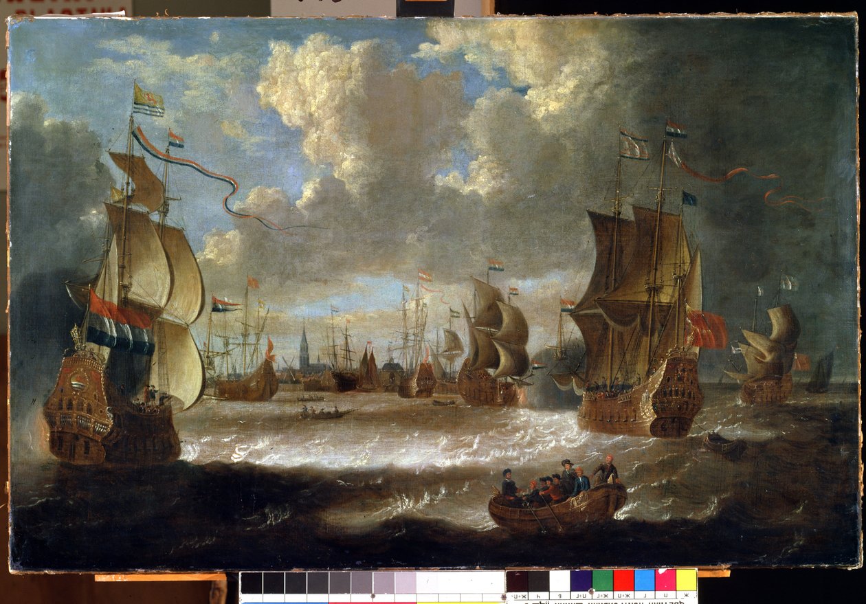 Ships in a lagoon (Ships in a lagoon). Abraham Storck (1635-1710) festménye. Olajfestmény alkotó: Abraham Storck