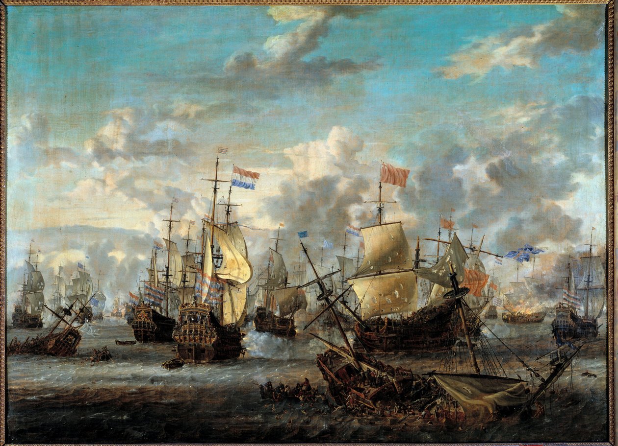 Második angol-holland háború: "" A négy nap csatája 1666. 06. 11-től 14-ig"" Szembeállította a holland flottákat az angolokkal. Abraham Storck (1635-1710) festménye (ec.hol.) 17. századi Párizs, Musee de la Marine alkotó: Abraham Storck