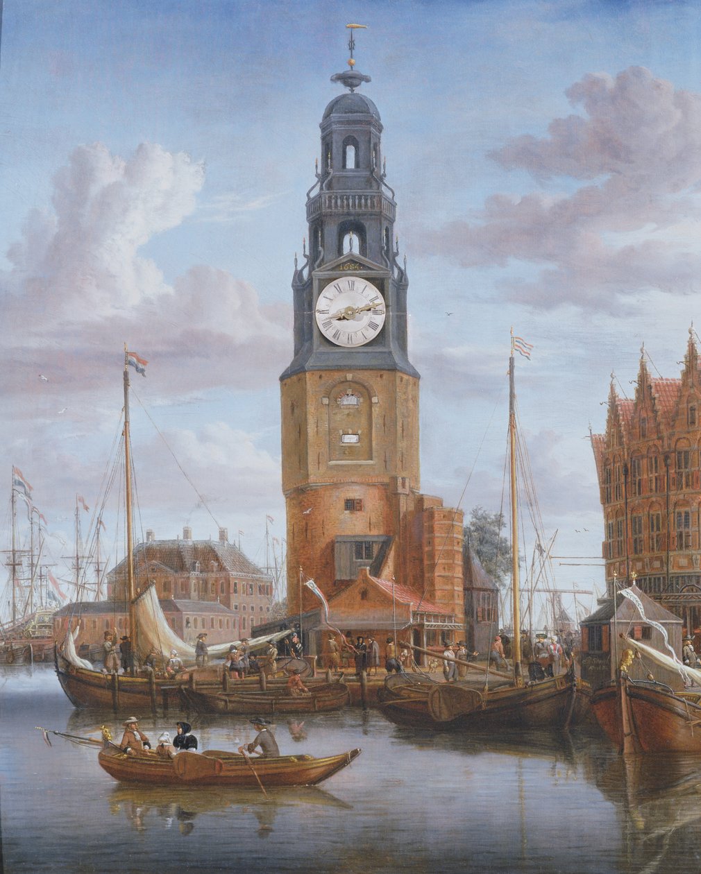 Kilátás az amszterdami Haringspacker-toronyra, a festményen működő óralappal, 1684 (panel) alkotó: Abraham Storck