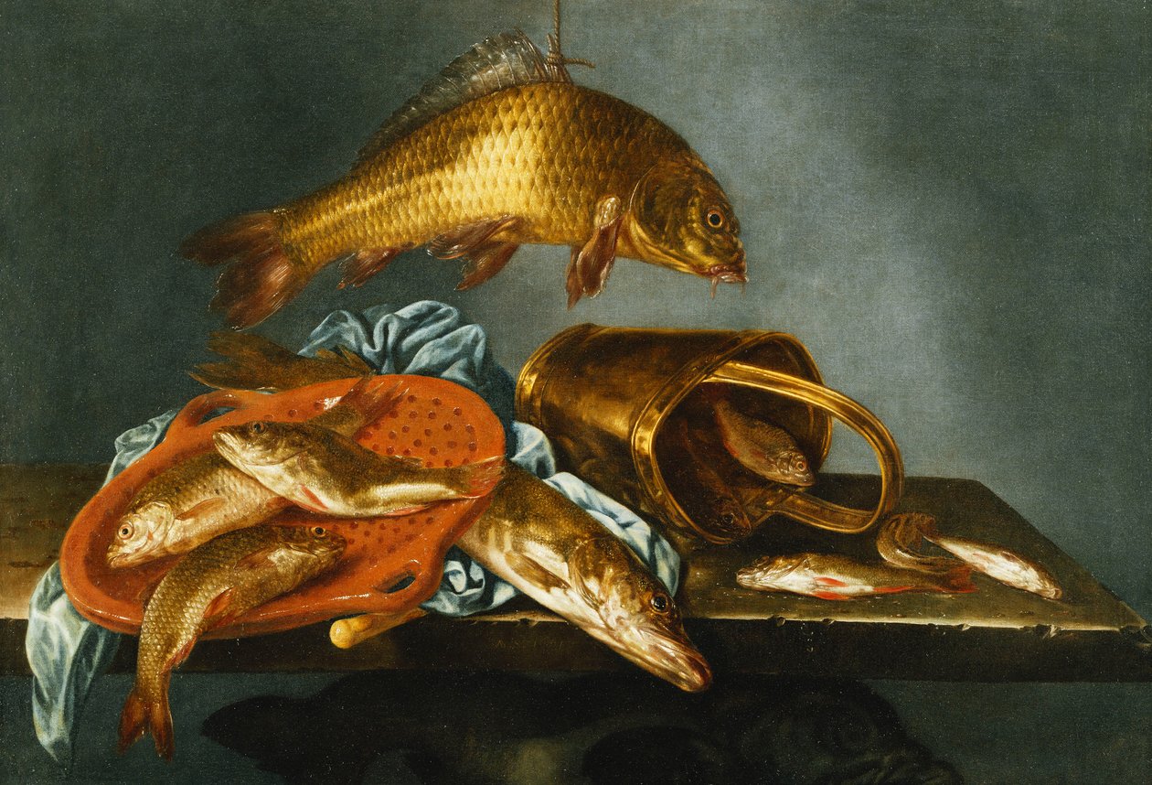 Csuka, ponty, csóka és csótány szitával és sárgaréz vödörrel a párkányon, 1661 alkotó: Abraham Susenier