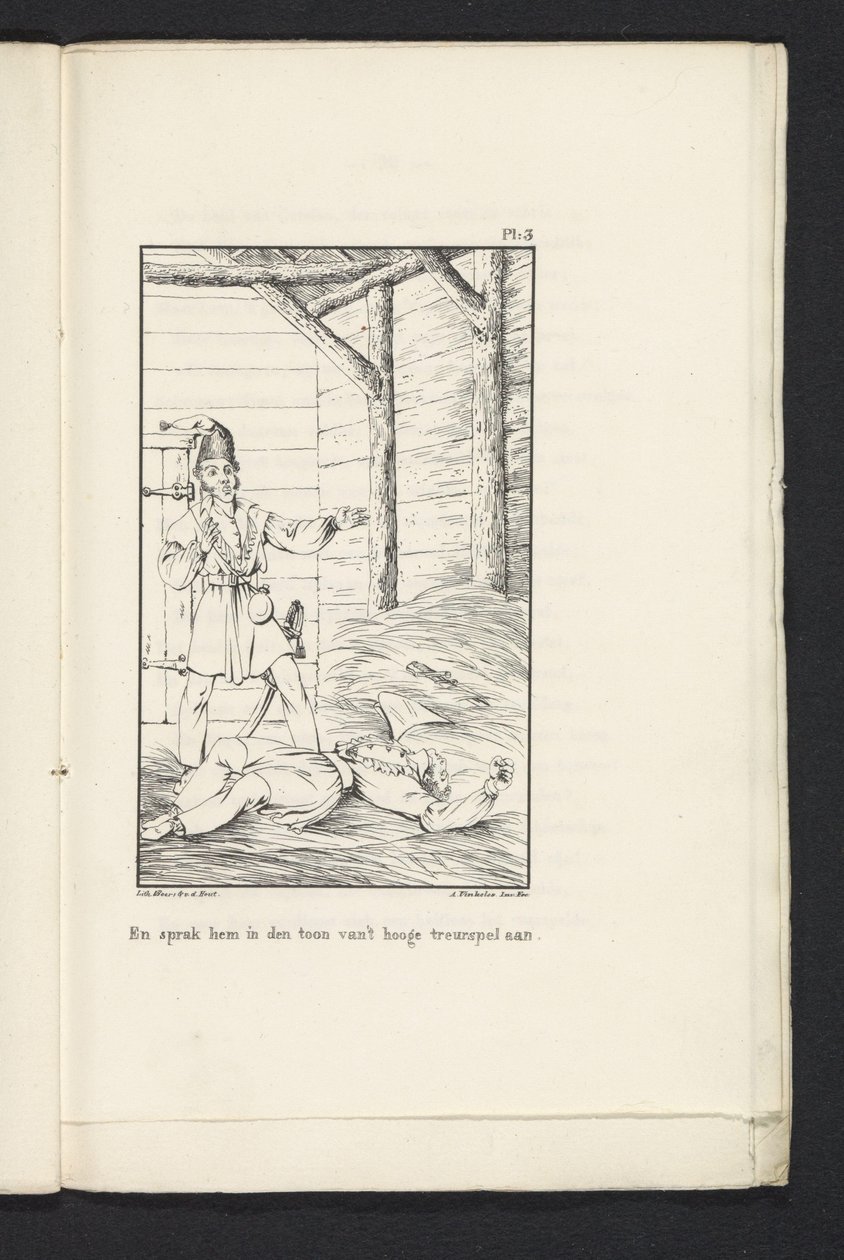 A nyolcvan liegeai utazás Tervurenbe (3. tábla), 1830 És beszélt vele a magas tragédia hangnemében (cím a tárgyon) alkotó: Abraham Vinkeles
