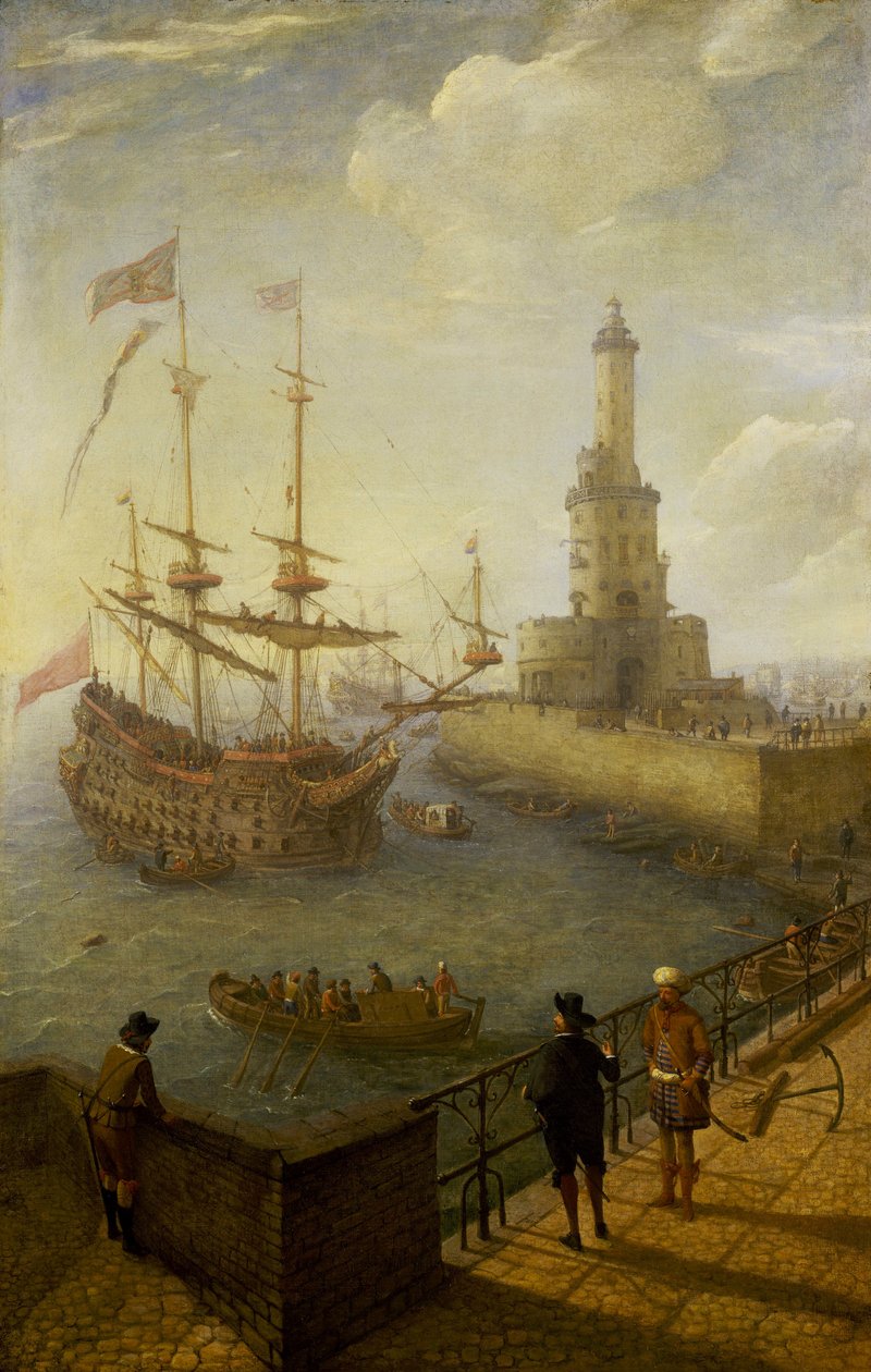 Egy spanyol háromárbocos hajó horgonyoz Nápoly (Olaszország) partjainál, a város egyik kikövezett mólójáról nézve, a világítótorony és a földközi-tengeri kikötő épületei felé. alkotó: Abraham Willaerts