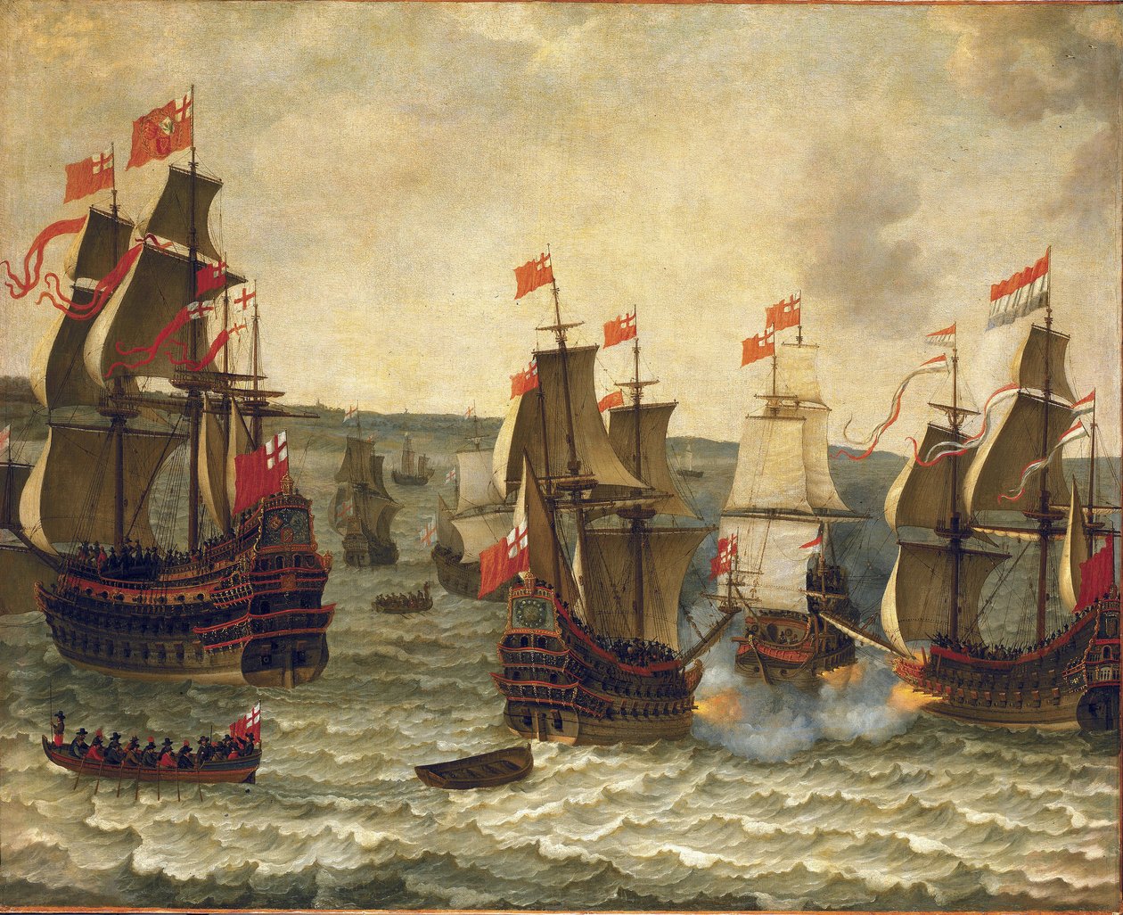 Holland és brit hajók közötti tengeri csata, az első angol-holland háború (angol-holland) 1652-1654-es epizódja. Abraham Willaerts (1603-1669) olaj, fa. alkotó: Abraham Willaerts