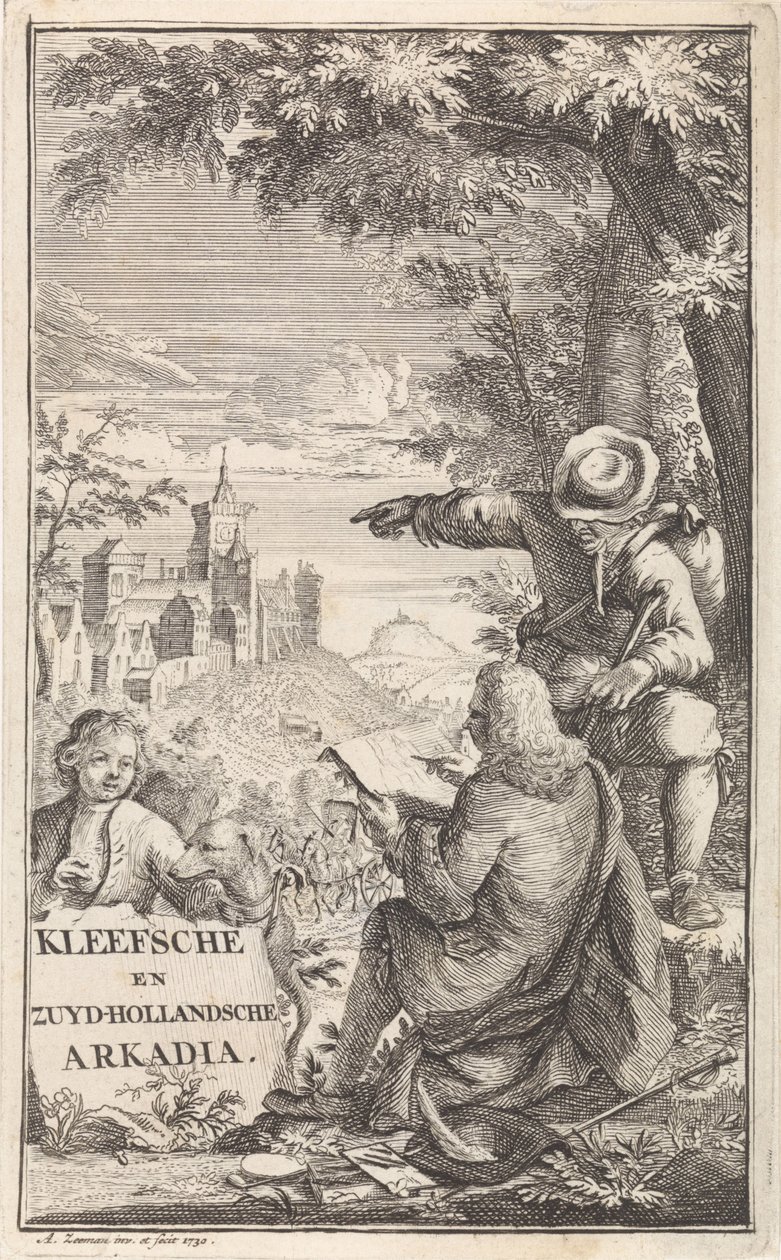 Az utazó Cleves városát rajzolja meg Címlap ehhez: C. Bruin, Kleefsche en Zuid-Hollandsche Arkadia (...), 1730 alkotó: Abraham Zeeman