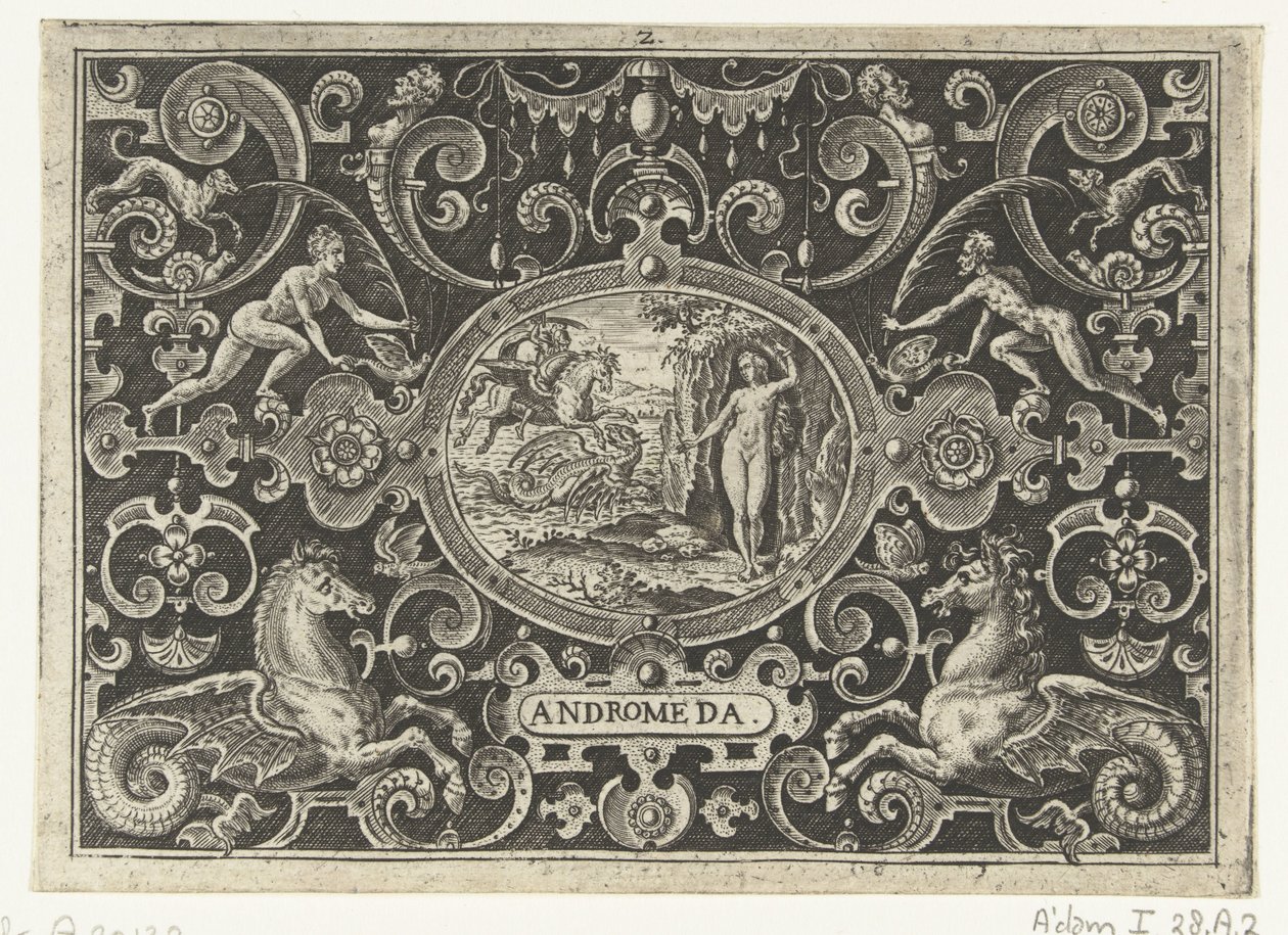 Cartouche: Perseus kiszabadítja Andromédát ANDROMÉDA (cím a tárgyon) alkotó: Abraham de Bruyn