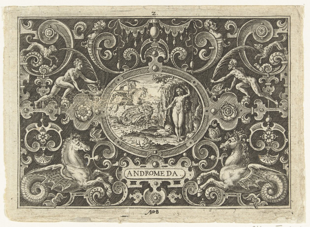 Cartouche: Perseus kiszabadítja Andromédát Ovális kartuszok Perseus életének jeleneteivel groteszkek keretein belül (sorozat címe) Androméda (cím az objektumon) alkotó: Abraham de Bruyn