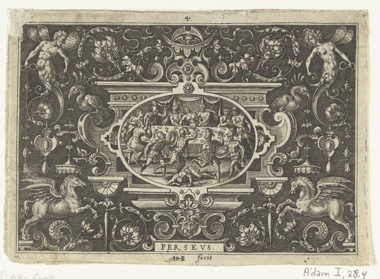 Cartouche: Phineus megzavarja Perszeusz és Androméda esküvőjét PERSEUS (cím a tárgyon) Ovális kartuszok Perseus életének jeleneteivel groteszkek keretein belül (sorozat címe) alkotó: Abraham de Bruyn