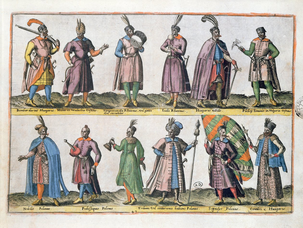 Magyar és lengyel katonai viselet a 16. században az 1581-ben Antwerpenben megjelent „Európa, Ázsia, Afrika és Amerika különböző nemzeteinek viseletei” c. alkotó: Abraham de Bruyn