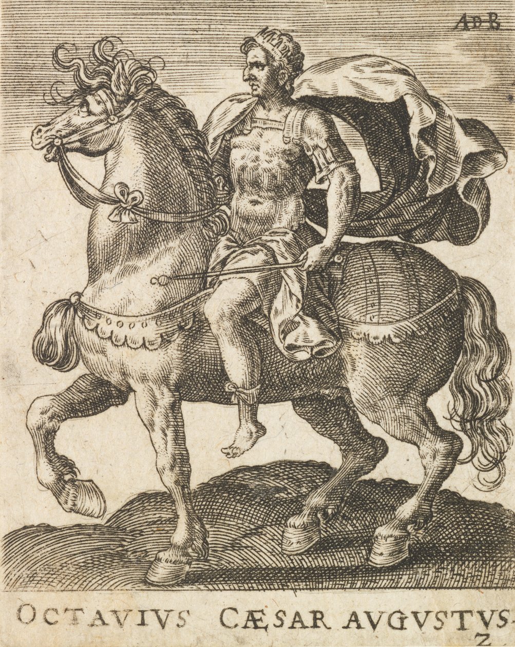 Octavius Caesar Augustus a Tizenkét Caesarból lóháton, kb. 1565-1587., kb. 1565-1587. alkotó: Abraham de Bruyn