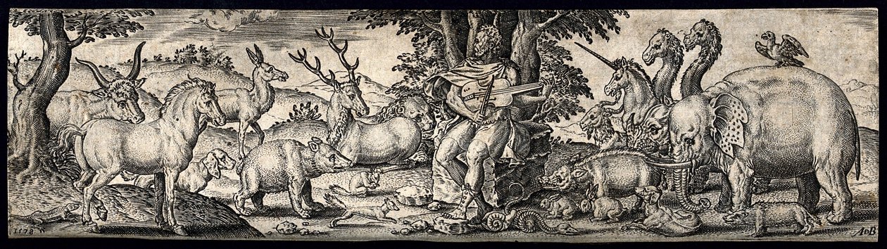 Orpheusz egy kövön ül, húros hangszert tart, és zenével elbűvöli az állatokat. Metszet A. de Bruyntől. alkotó: Abraham de Bruyn