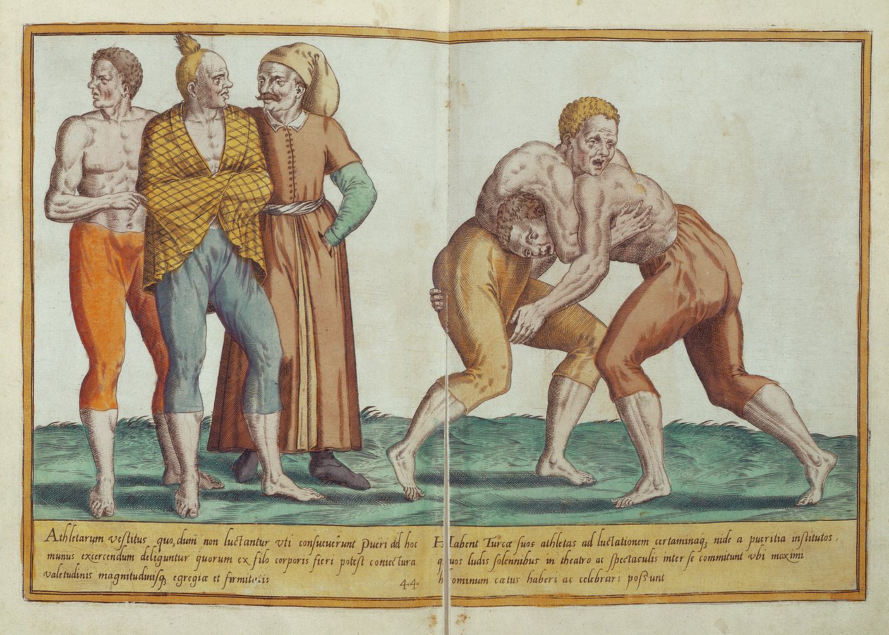Törökök birkóznak, tizenhatodik századi jelmezek az Omnium Poene Gentium Imaginestől, Kölnben, 1577-ben (kézzel színezett metszet) alkotó: Abraham de Bruyn