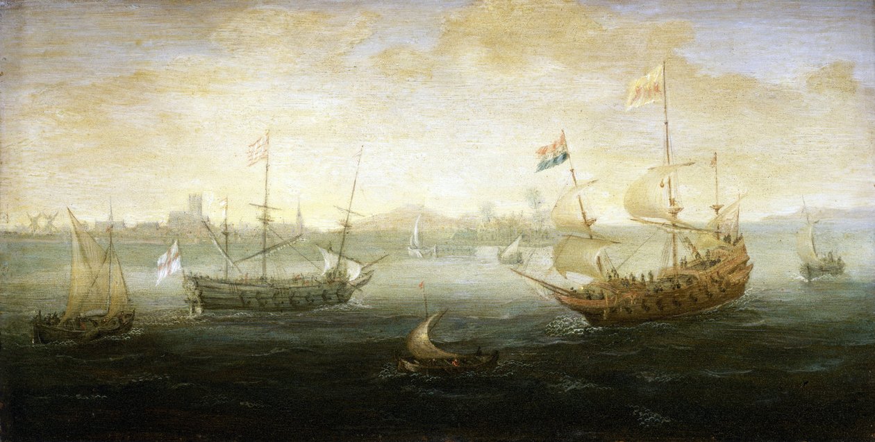 Egy holland és egy brit hajó, Stuart-zászlóval, egy kikötő előtt, a horizonton látható, különböző kis hajókkal körülvéve. alkotó: Abraham de Verwer
