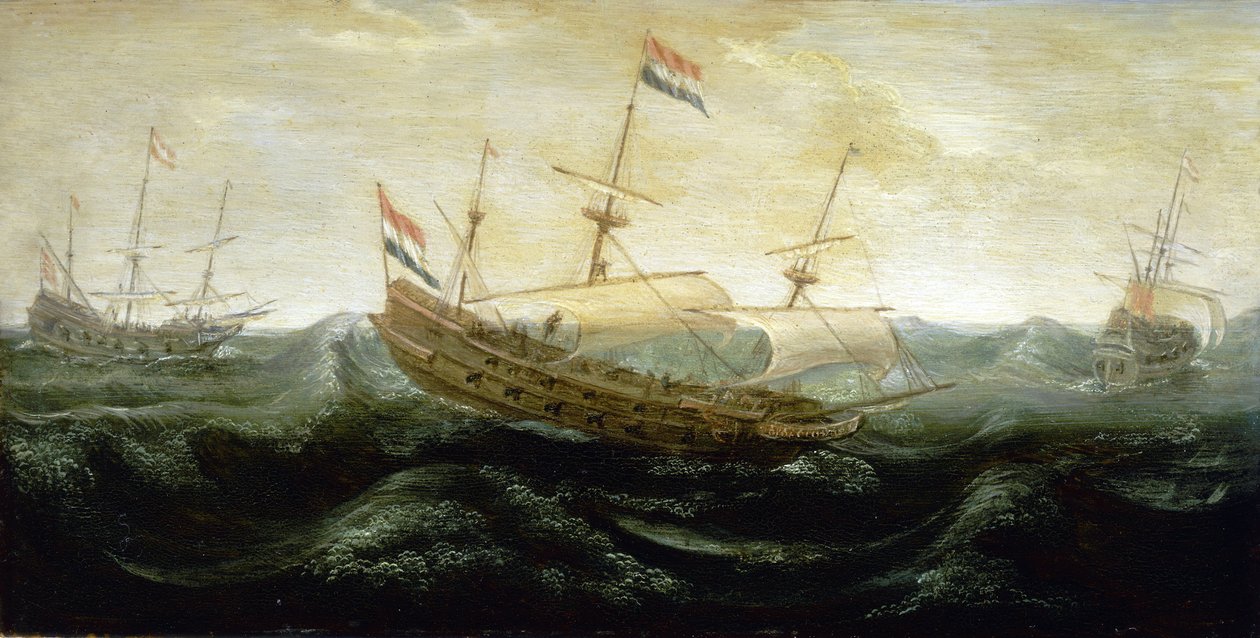 Egy holland hajó, amely nagyon viharos tengeren, csökkentett vitorlákkal halad, amelyben a szél rohan. Olaj, réz, 1625 körül, Abraham de Verwer (1585-1650 körül) alkotása. alkotó: Abraham de Verwer