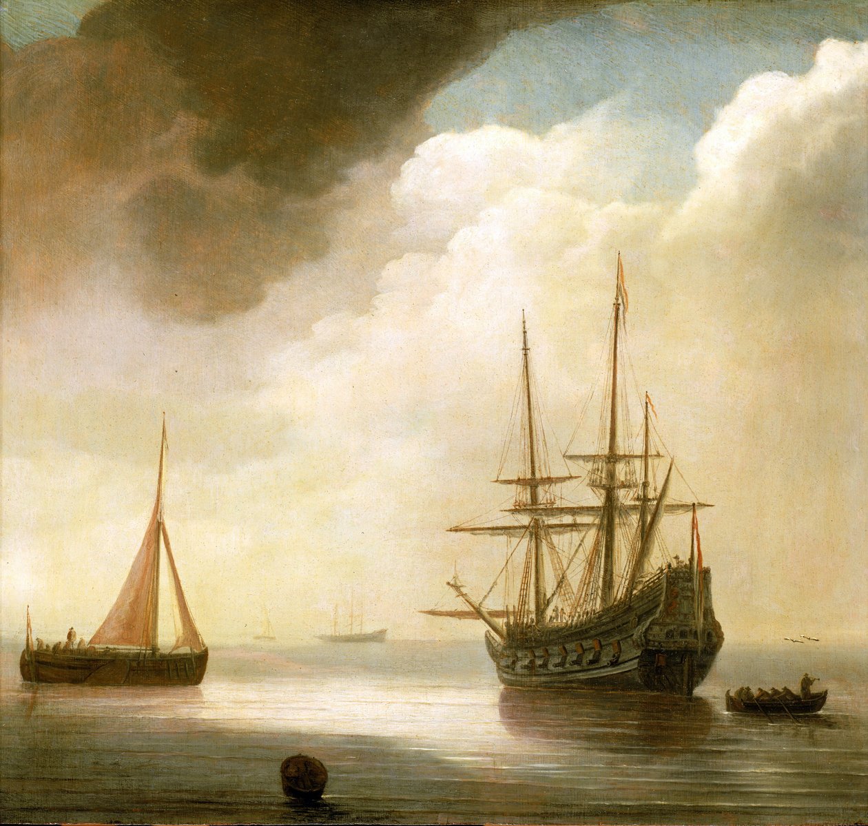 Holland hajó a nyugodt tengeren. Balra tőle egy halászhajó, jobbra egy horgonyzó hajó. Abraham de Verwer (1585-1650 körül) olaj, fa. alkotó: Abraham de Verwer