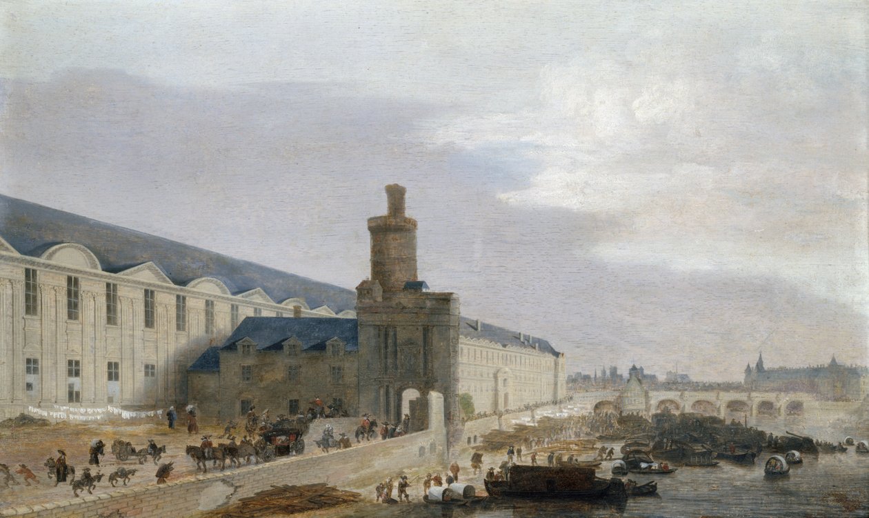 Francia: La Grande Galerie du Louvre avec la porte Neuve et la tour de Bois Párizs látképe a Louvre nagygalériájával, a Tour de Bois-val és a Pont Neuf-fel. alkotó: Abraham de Verwer