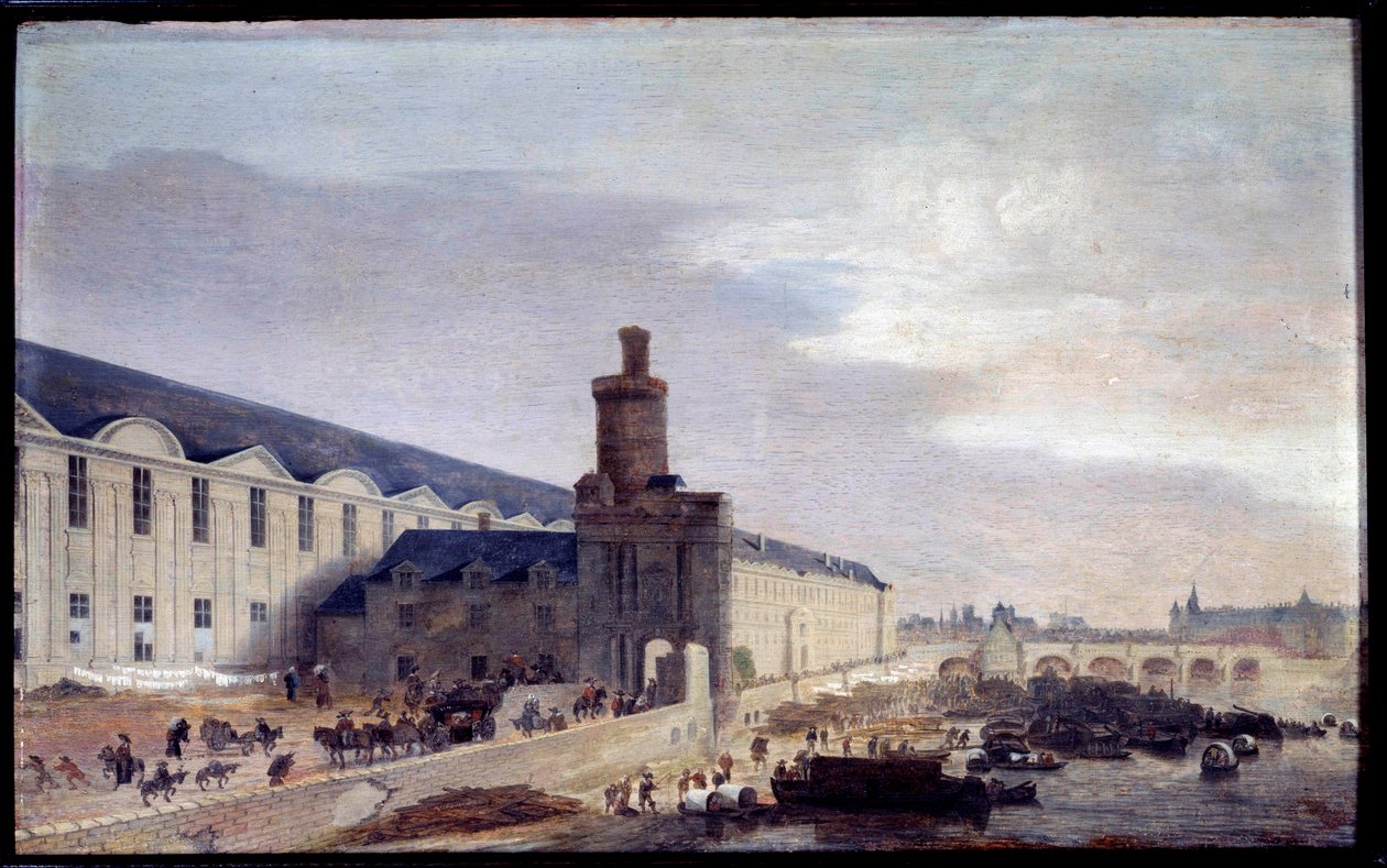 Kilátás a Porte Neuve-re és a Galerie du Louvre-ra 1640 körül, Entrée du Louvre a Szajna partján. Abraham de Verwer (1600-1650) festménye 1640 Dim. 0,37 x 0,59 m Párizs, Musee Carnavalet alkotó: Abraham de Verwer