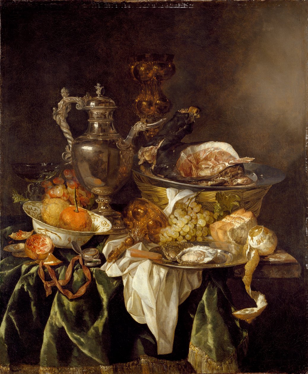 Csendélet ezüst boroskorsóval és a művész tükröződő portréjával, c1657 alkotó: Abraham van Beyeren