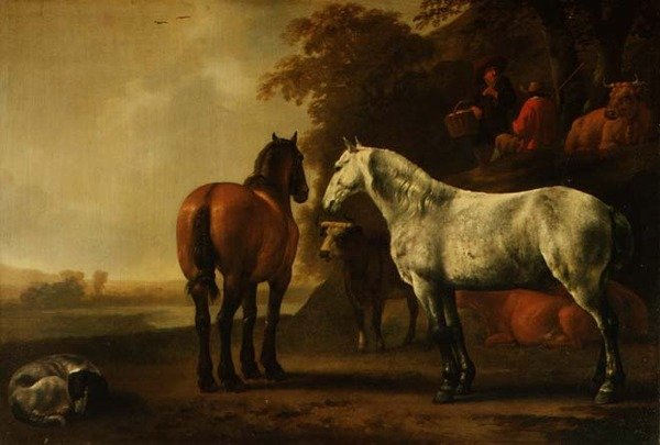 Lovak és szarvasmarhák egy tájban (panel) alkotó: Abraham van Calraet