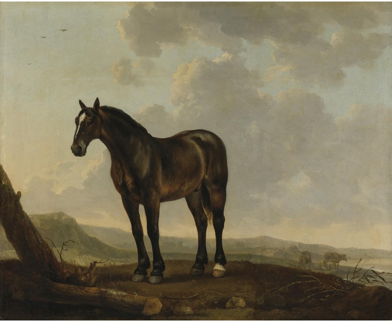 Portré egy barna lóról egy tájban alkotó: Abraham van Calraet