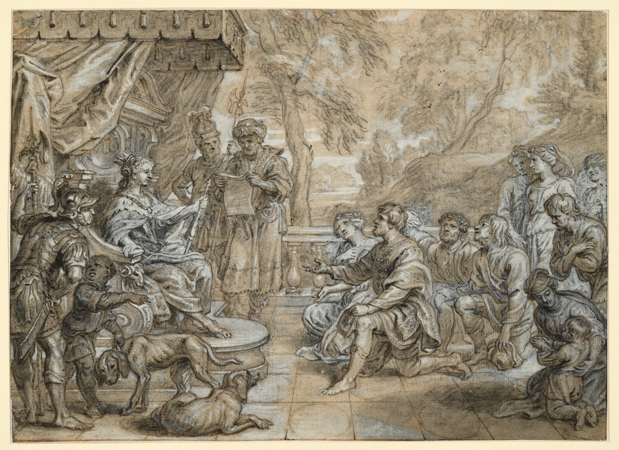 Egy hermelinpalástos, jogart tartó királynő (Szemiramisz?) trónon, előtte férfiak és nők csoportja térdel alkotó: Abraham van Diepenbeeck