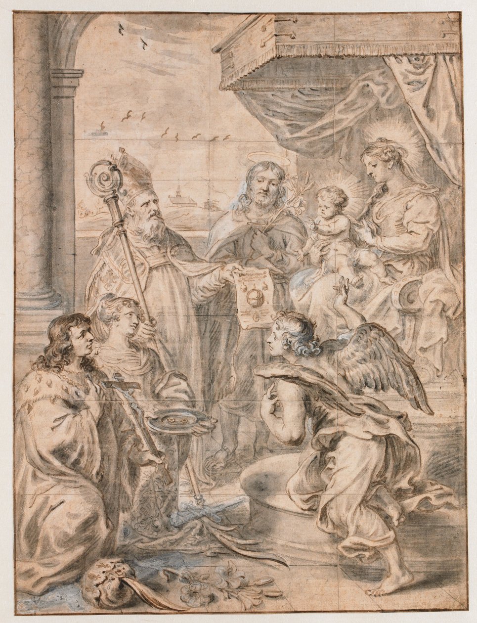 Szűz és gyermek a trónon, akiket három szent imád alkotó: Abraham van Diepenbeeck