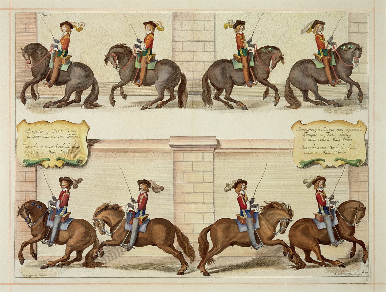 Newcastle márki lóháton, Díjlovas lépések bemutatása, 22. tábla William Cavendish (1592-1676) Newcastle márki „A lovak öltöztetésének módszere és új találmánya” című művéből, metszett T. alkotó: Abraham van Diepenbeeck