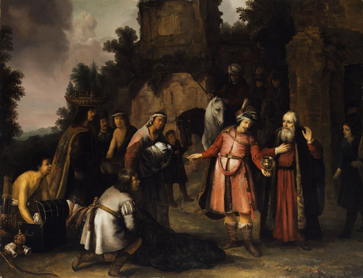Német: Elizeus próféta elutasítja Naámán ajándékait (2Királyok 5). Elizeus visszautasítja Naámán ajándékait alkotó: Abraham van Dijck