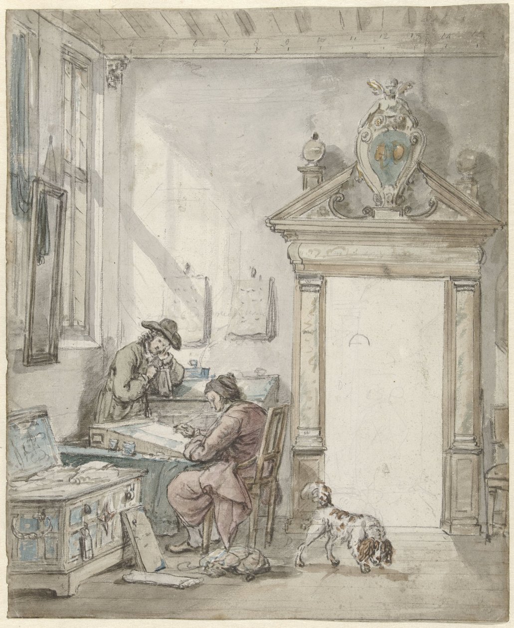 Belső jelenet egy író emberrel az íróasztalnál alkotó: Abraham van Strij (I)