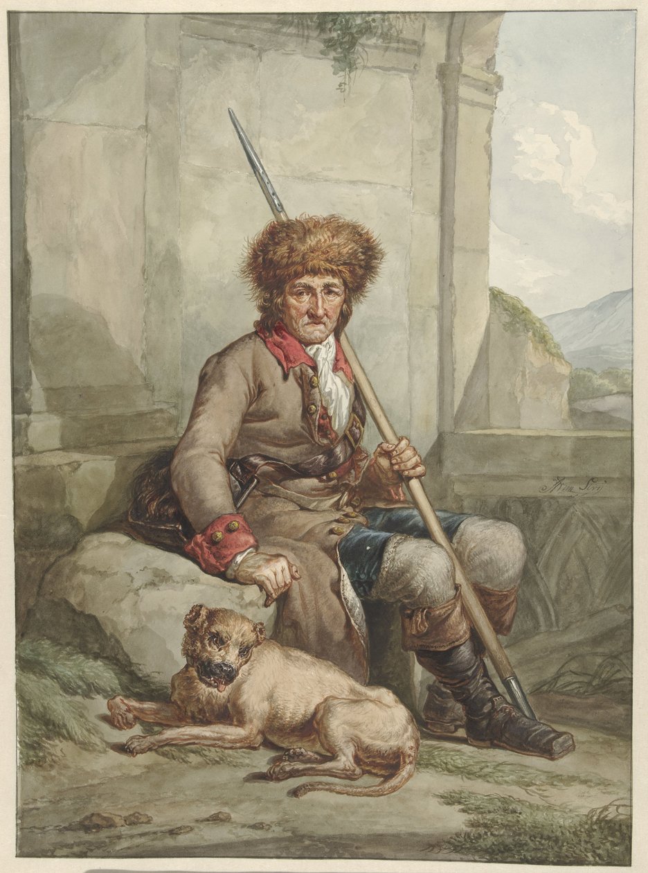 Ülő vadász prémes sapkával, lándzsával és legelőtáskával alkotó: Abraham van Strij (I)