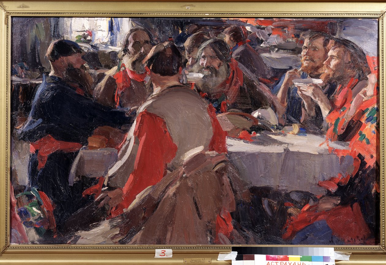 Tea idő (Tea ivás). Abram Jefimovics Arhipov (1862-1930) festménye. Olaj, vászon, 79 x 31 cm. Orosz művészet, 19. század vége-XX. század eleje. Állami B. Kustodiev Művészeti Galéria, Asztrahán (Oroszország). alkotó: Abram Efimovich Arkhipov