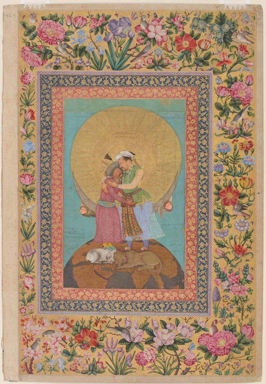 Jahangir császár és Abbász perzsa sah allegorikus ábrázolása, illusztráció a Szentpétervári Albumból, 1618 körül (wc, tinta, ezüst és arany papíron) alkotó: Abul Hasan