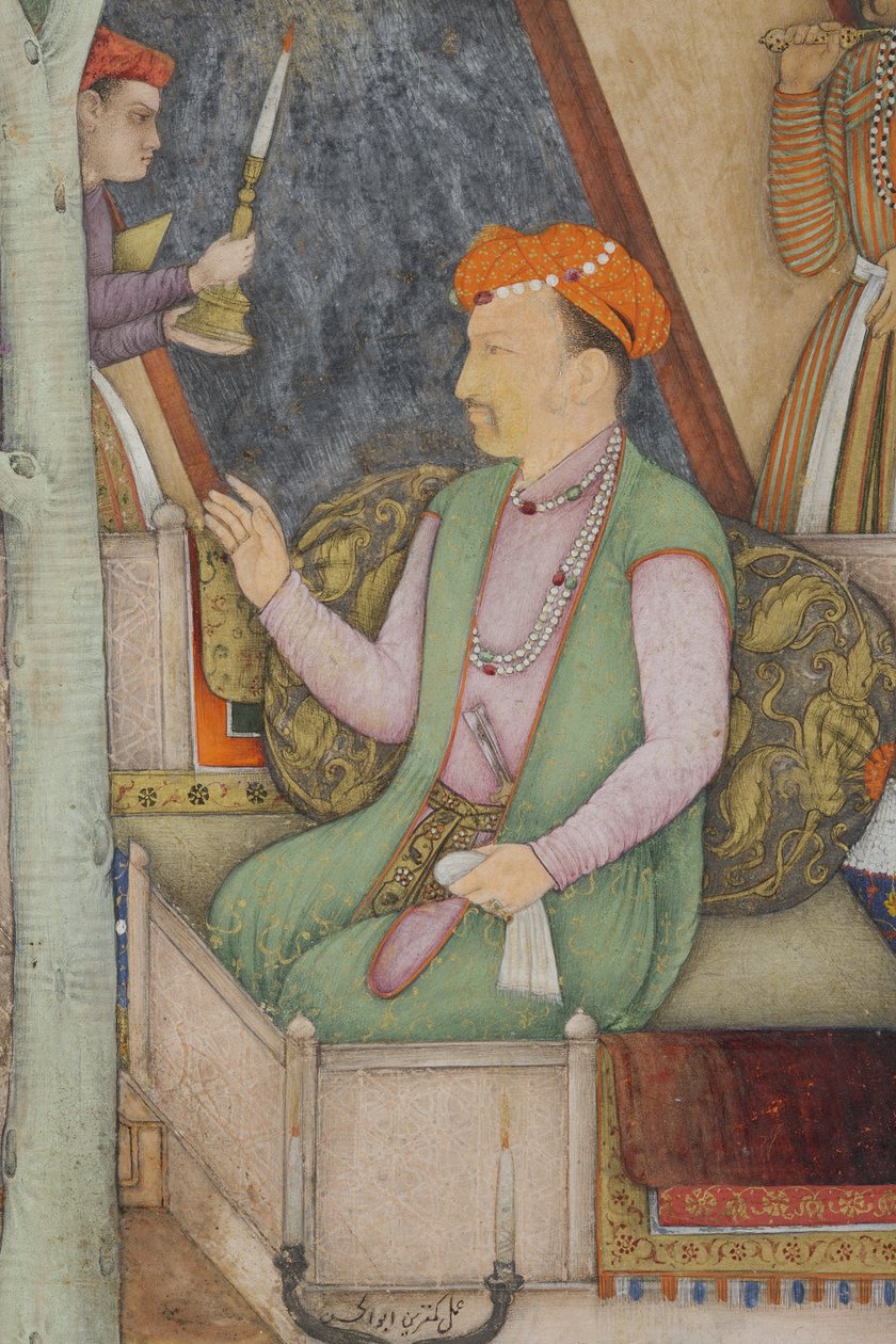 Részlet Dzsahangir császár szent emberekkel a kertben, 1615 körül (átlátszatlan wc és arany papíron) alkotó: Abul Hasan