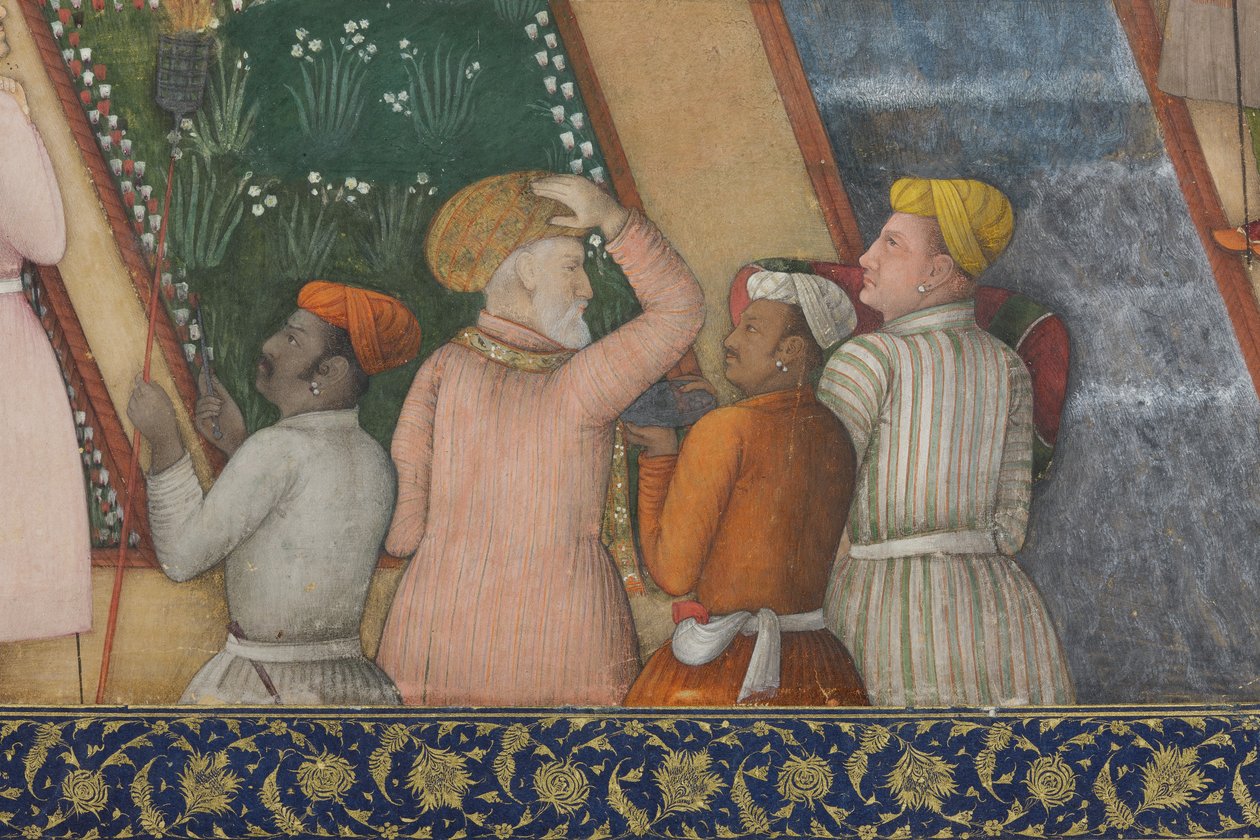 Részlet Dzsahangir császár szent emberekkel a kertben, 1615 körül (átlátszatlan wc és arany papíron) alkotó: Abul Hassan Ghaffari