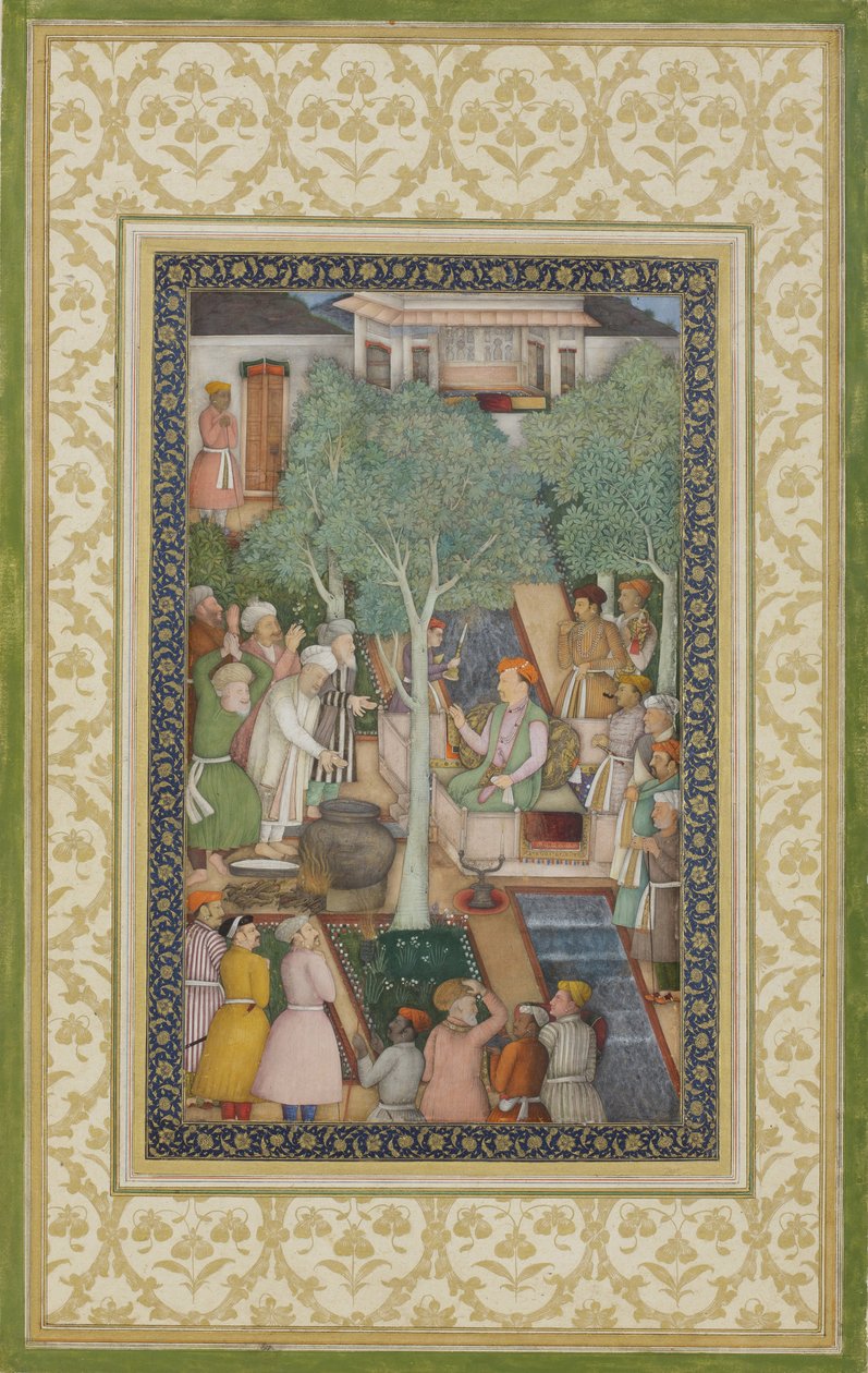 Jahangir császár szent emberekkel a kertben, 1615 körül (átlátszatlan wc és arany papíron) alkotó: Abul Hassan Ghaffari