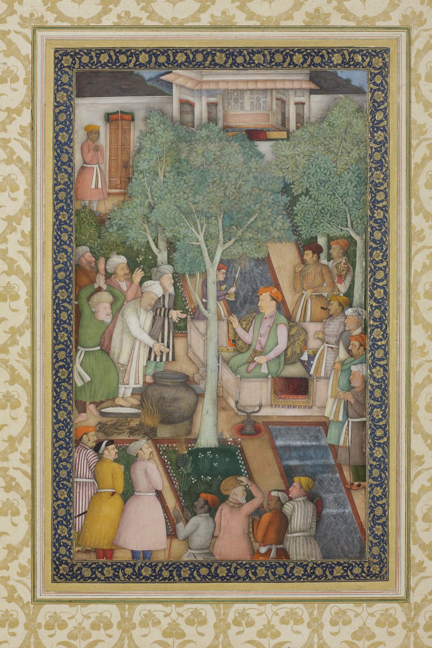 Dzsahangir császár szent emberekkel egy kertben, 1615 körül (átlátszatlan wc és arany, papír) alkotó: Abul Hassan Ghaffari
