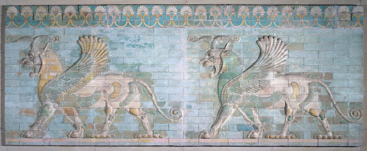 Két szárnyas griff, Artaxerxes palotájából, Susa, Achaemen-korszak, Kr.e. 6-5. század (polikróm mázas tégla) alkotó: Achaemenid