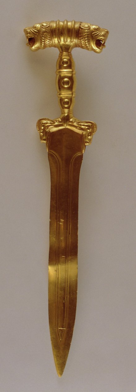 Kard dupla oroszlánfej markolat díszítéssel, Hamadanból, Irán (arany) alkotó: Achaemenid
