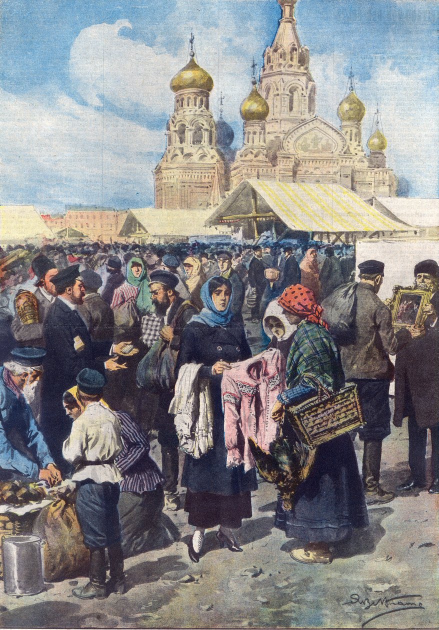 Cserekereskedelem Oroszországban az orosz forradalmat követő valutaösszeomlás után, illusztráció a "La Domenica del Corriere" 1919. június 1-jei számából. alkotó: Achille Beltrame