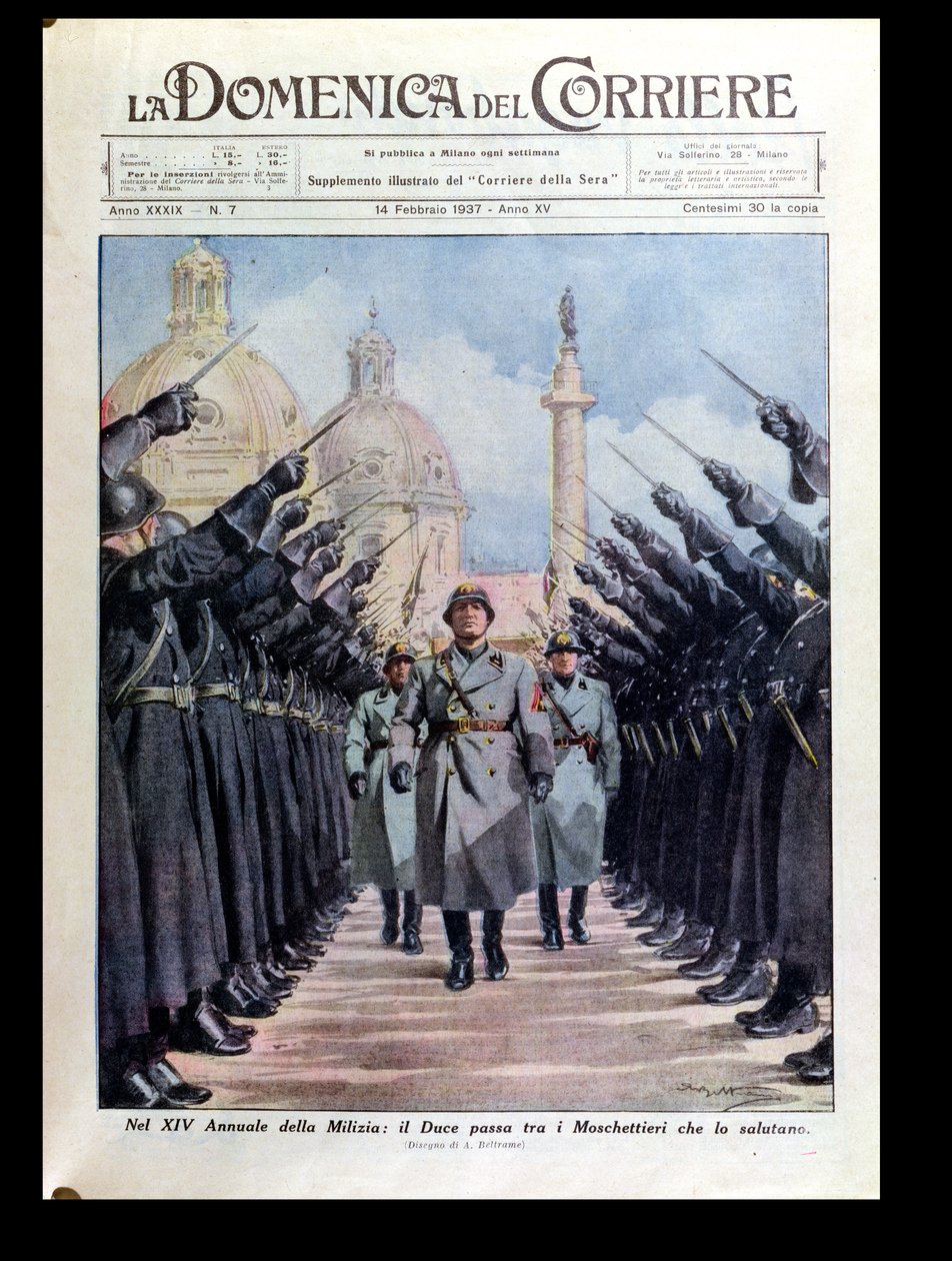 Benito Mussolini (1883-1945) áttekinti a milíciát, a „La Domenica del Corriere”-ből, 1937. február 14. alkotó: Achille Beltrame