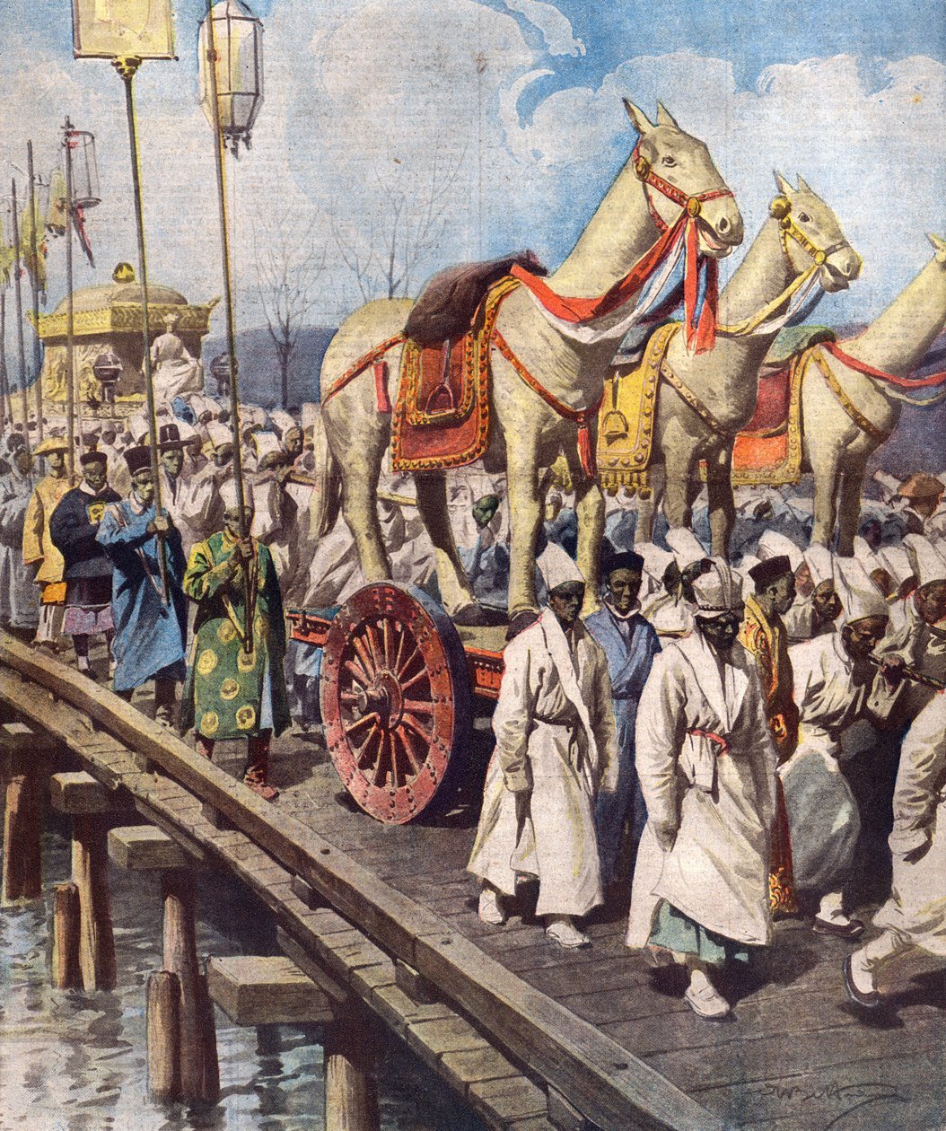 Gojong, Gwangmu koreai császár temetési menete 1919 márciusában, címlapillusztráció a "La Domenica del Corriere" 1919. június 1-jei számából. alkotó: Achille Beltrame