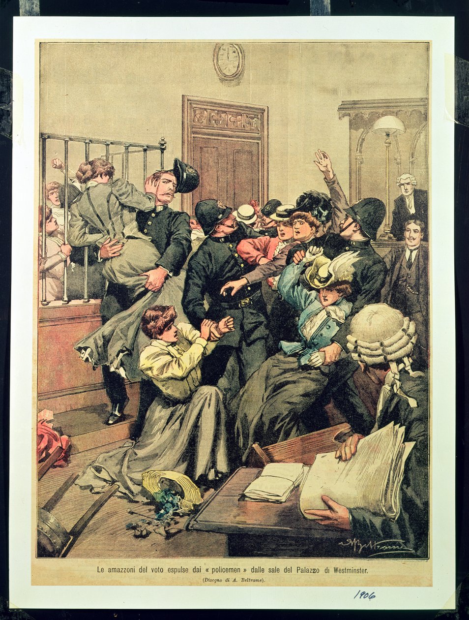 Rendőrök, akik szüfrazsetteket űztek ki a Westminster-palota egyik szobájából, 1906 alkotó: Achille Beltrame