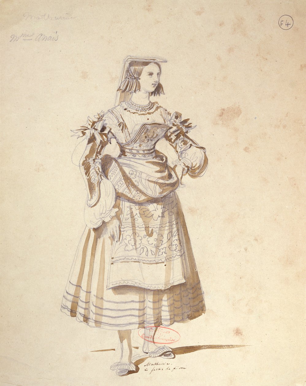 A „Mathurine” jelmezterve Moliere (1622-73) „Don Juan” című 1847-es produkciójában a Comedie Francaise-ban (toll, tinta és WC papíron) alkotó: Achille Devéria