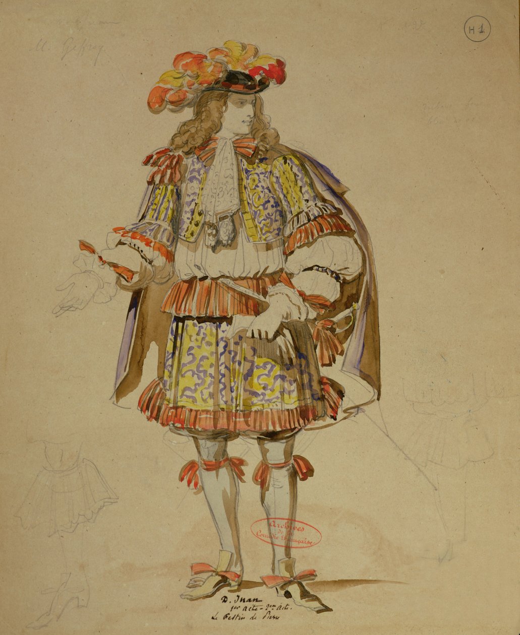 Moliere (1622-73) 1847-es produkciójának jelmezterve a Comedie Francaise-ban (toll, tinta és WC papíron) alkotó: Achille Devéria