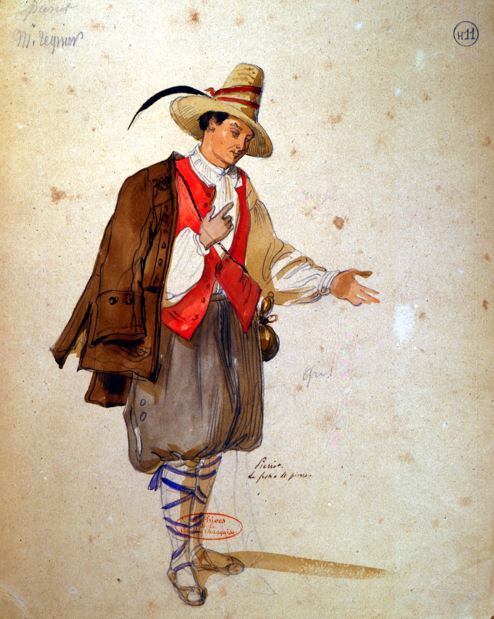 Jelmezterv Pierrot szerepéhez Moliere (1622-73) "Don Juan" című darabjának 1847-es előadásához a Comedie Francaise-ben (toll és tinta és wc papírra). alkotó: Achille Devéria