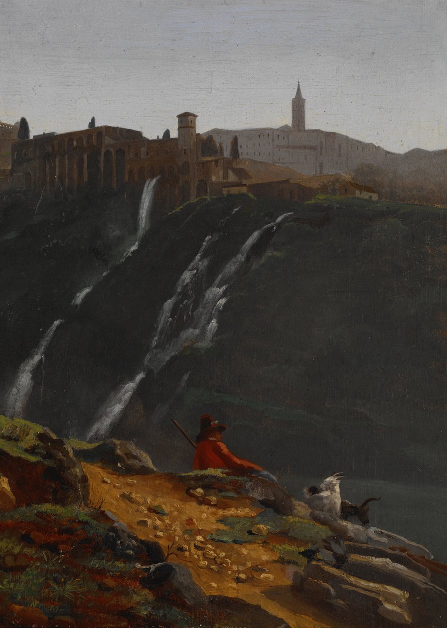 Goatherd a Tivoli -vízeséssel szemben alkotó: Achille Etna Michallon