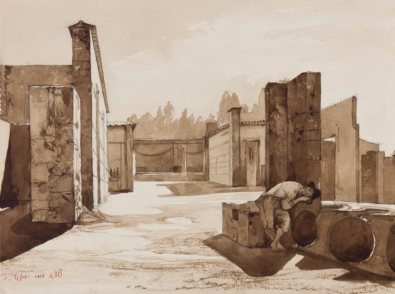 Pompei nézet, Gaetano Maria Federico di Borbone herceg (1846-1871) kiegészítéseivel, 1854 (ceruza és szépia mosás papíron) alkotó: Achille Vianelli